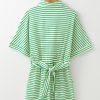 Women's Green Stripe Textured Short Sleeve Collared Buttoned Waist Tie Romper - Chic & Casual Style - Image 8