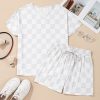 Chic Women's Beige Checkered V Neck Tee and Drawstring Shorts Lounge Set - Image 8