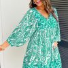 Boho Chic Green Puff Sleeve Tied V Neck Flared Mini Dress - Image 5