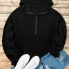 Women's Black Fleece Lined Half Zip Kangaroo Pockets Hoodie - Image 7