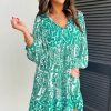 Boho Chic Green Puff Sleeve Tied V Neck Flared Mini Dress - Image 3