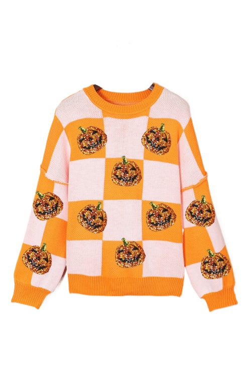 Women's Halloween Sweater - Grapefruit Orange Sequined Pumpkin Checkered Puff Sleeve