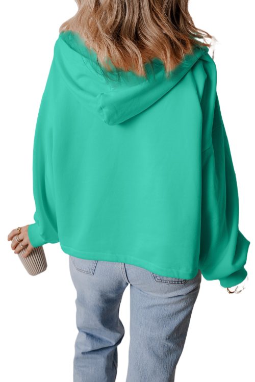 Women's Aruba Blue Fleece Lined Loose Hoodie with Half Zipper and Kangaroo Pockets