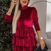 Women's Racing Red Velvet High Neck Tiered Ruffle Mini Dress for Elegant Nights - Image 4