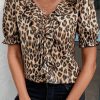 Women's Khaki Leopard Print Ruffled Neck Puff Sleeve Top - Elegant Casual Blouse - Image 5