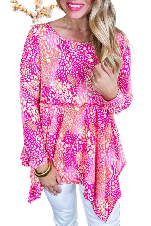 Women's Rose Leopard Print Handkerchief Hem Tunic Top - Trendy & Playful Design