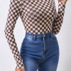 Women's Brown Checkered High Neck Long Sleeve Bodysuit - Image 6