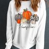 Thanksgiving Beige Rhinestone Pumpkin Graphic Crewneck Sweatshirt for Women - Image 6