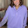 Women's Lilac Sequin Patchwork High Low Hem Henley Sweatshirt - Casual Chic - Image 3