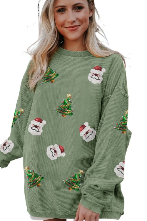Women's Grass Green Sequin Santa Claus Christmas Tree Patchwork Corded Sweatshirt