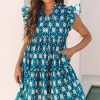 Women's Blue Retro Floral Print Ruffle Short Sleeve Mini Dress - Image 4