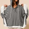 Women's Black and White Oversized Striped Henley Hooded Top with Dolman Sleeves - Image 2