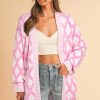 Women's Pink Rhombus Pattern Knit Open Front Cardigan with Pockets - Image 5