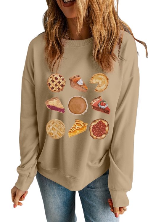 Women's Khaki Thanksgiving Dessert Graphic Pullover Sweatshirt - Cozy Fall Fashion