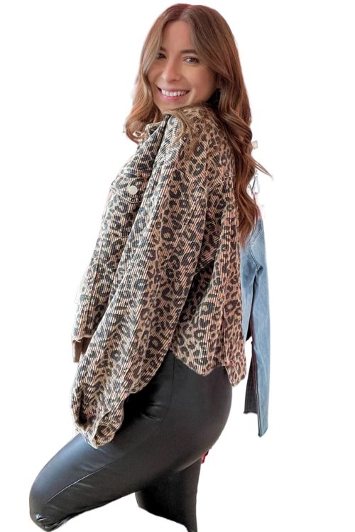 Women's Dark Khaki Leopard Print Corduroy Irregular Hem Buttoned Jacket