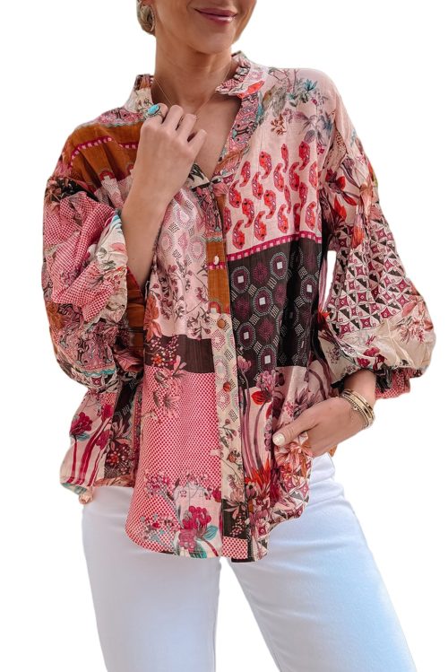 Women's Red Boho Geometric Mixed Print Bubble Sleeve Shirt - Vintage Chic Style