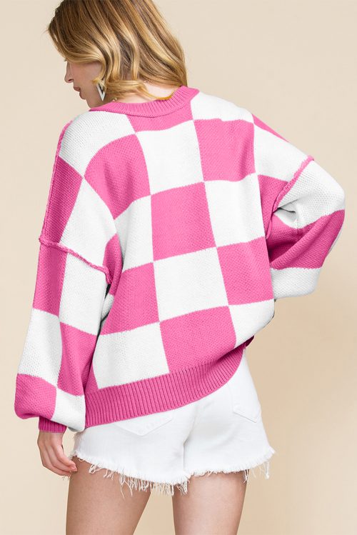 Women's Elegant Rose Stripe Checkered Bishop Sleeve Sweater - Luxuriously Soft Fabric