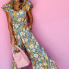 Women's Yellow Floral Allover Print Shirred Cut Out High Waist Jumpsuit with Ruffled Sleeves - Image 3