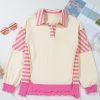 Women's Pink Stripe Colorblock Patchwork Collared French Terry Knit Top - Image 7