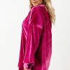 Plus Size Women's Bright Pink Velvet Chest Pocket Drop Shoulder Shirt - Image 3