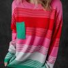 Women's Rose Striped Knit Drop Shoulder Sweater with Patch Pocket - Image 7