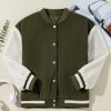 Women's Mist Green Corduroy Fleece Patchwork Buttoned Bomber Jacket - Image 7