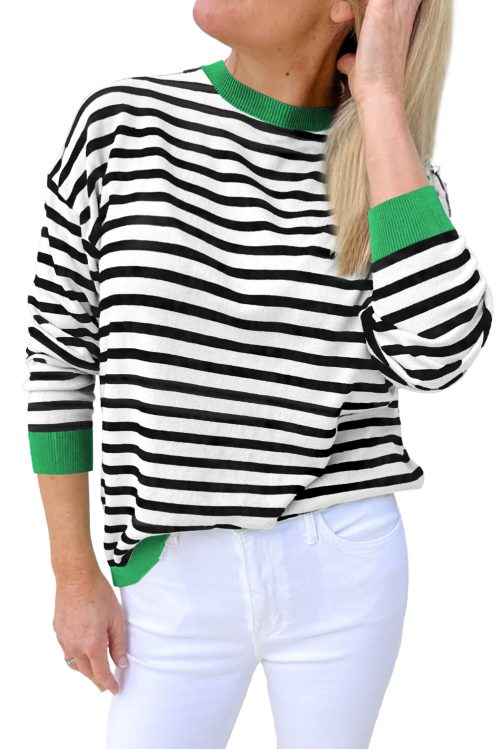 Women's Black Striped Long Sleeve Contrast Edge Top