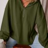 Women's Moss Green Fleece Lined Half Zip Hoodie with Kangaroo Pockets - Image 2