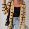 Chic Women's Beige Striped Pom Pom Knit Open Front Long Cardigan - Image 5