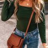 Women's Blackish Green Solid Color Square Neck Long Sleeve Slim Fit Bodysuit - Image 4