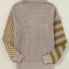 Women's Smoke Gray Striped Plaid Patchwork Waffle Knit Turtleneck Sweater - Image 8