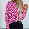 Women's Rose Checkered Pattern Mesh Mock Neck Long Sleeve Top - Stylish & Versatile - Image 2