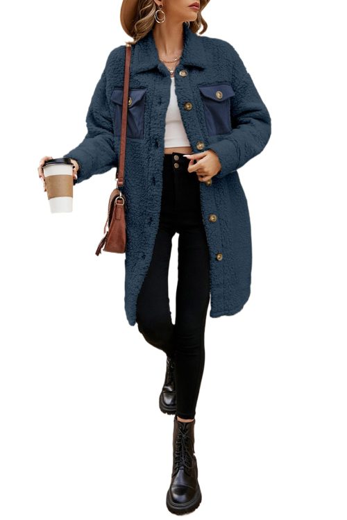 Women's Blue Contrast Flap Pocket Teddy Coat - Stylish & Cozy Winter Outerwear