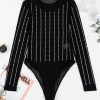 Women's Black Rhinestone Decor Striped Mesh Long Sleeve Bodysuit for Night Out - Image 7