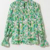 Women's Green Leafy Printed Flounce Sleeve Shirred Mock Neck Blouse - Elegant Floral Design - Image 9