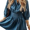 Prussian Blue 3/4 Sleeve Shirred High Waist Buttoned Mini Dress - Image 8