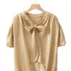 Chic Women's Gold Metallic Ruched Sleeve Blouse with Back Knot Detail - Image 13