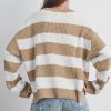 Women's Light French Beige Colorblock Striped Drop Shoulder Sweater with Side Slit - Image 10