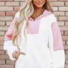 Women's Oversized White Colorblock Patchwork Sherpa Hoodie with Half Zip - Image 5