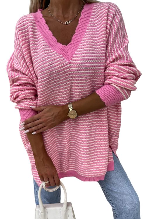 Women's Pink Striped Scallop V Neck Loose Sweater with Side Slits