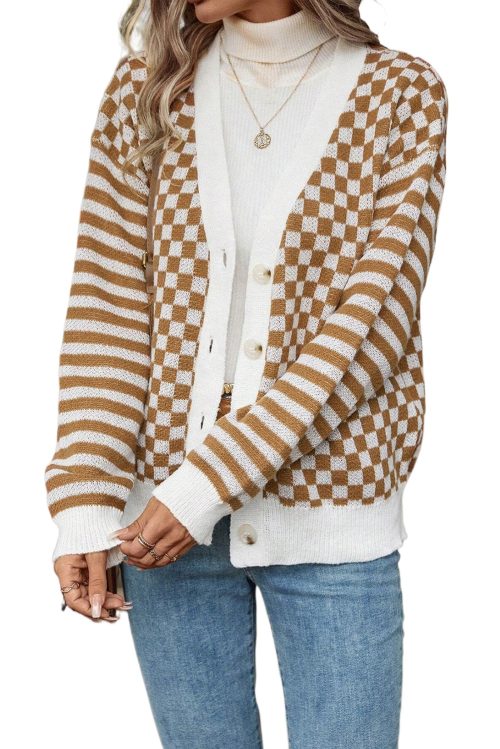 Women's Brown Checkered Striped Patched Buttoned V Neck Cardigan