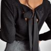 Women's Metallic Black Bowknot Open Back V Neck Long Sleeve Top - Image 8