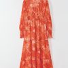 Women's Orange Boho Floral Bishop Sleeve V Neck Tiered Maxi Dress - Image 5