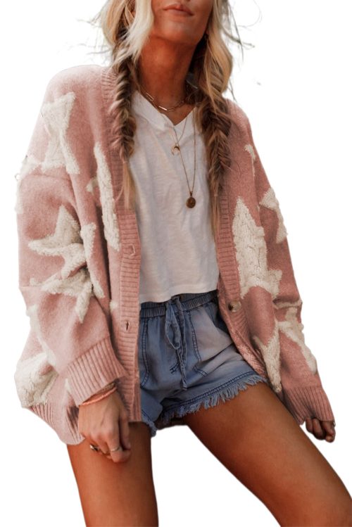 Women's Pink Sherpa Star Pattern Textured Cardigan with Pockets