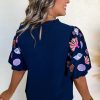 Elegant Women's Sail Blue Puff Sleeve Blouse with Shellfish Coral Embroidery - Image 2