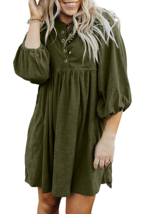 Women's Vineyard Green Corduroy Empire Waist Mini Dress with Snap Buttons