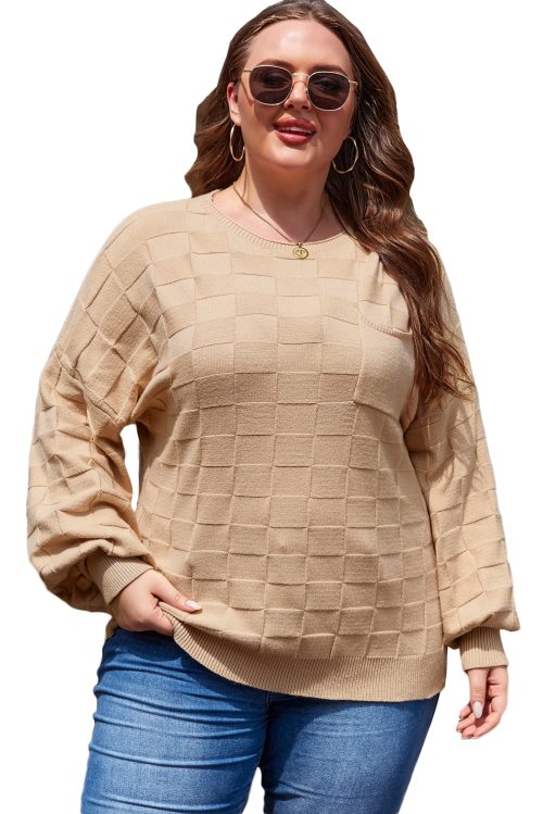 Plus Size Women's Light French Beige Textured Knit Solid Checkered Sweater