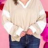 Women's Plus Size Parchment Colorblock Long Sleeve V Neck Top - Image 7