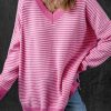 Women's Pink Striped Scallop V Neck Loose Sweater with Side Slits - Image 11