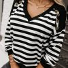 Women's Elegant Black Stripe Crochet Hollow-Out Back V Neck Top with Buttoned Shoulders - Image 3